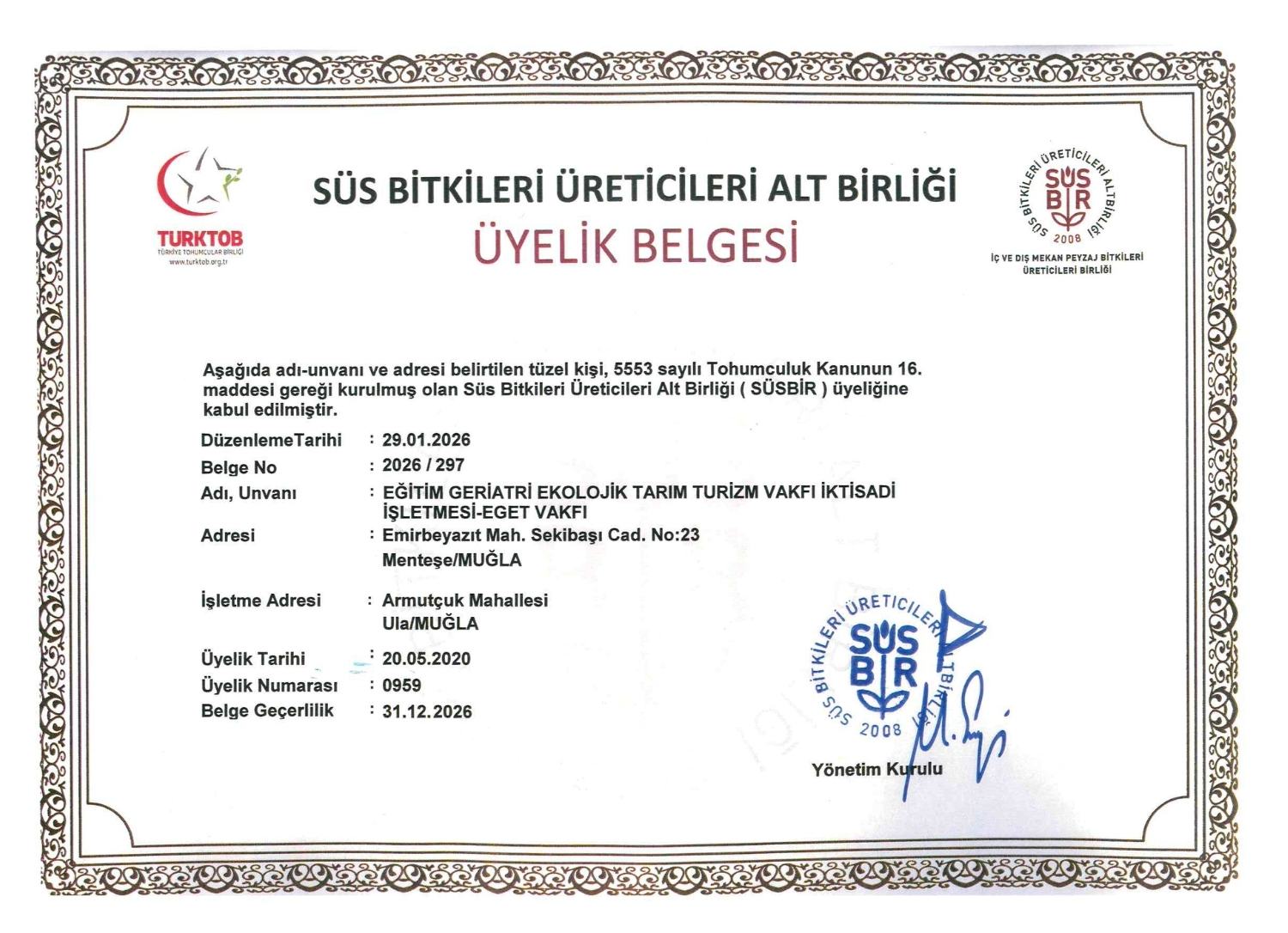 Süs Bitkileri Üretici Belgesi